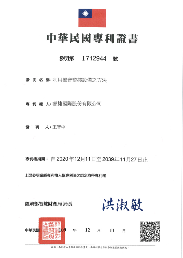 專利證書I712944_利用聲音監控設備之方法-1